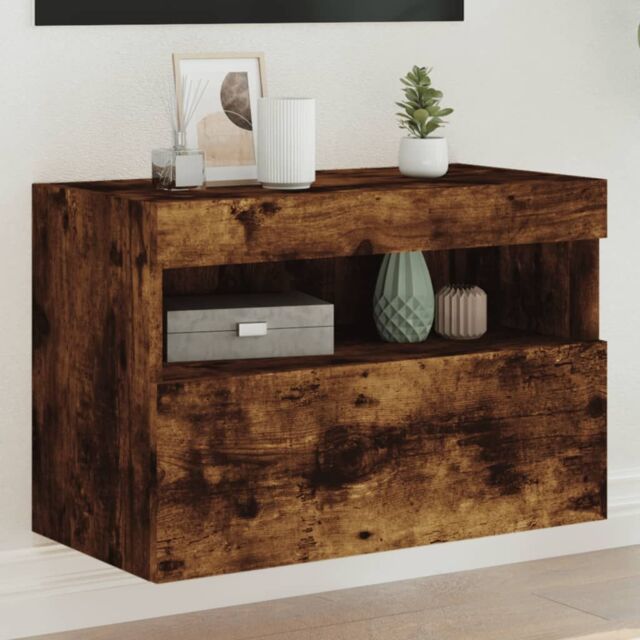 Berkfield Home TV Wall Cabinet with LED Lights Smoked Oak 60x30x40 cm in Brown - Size: 60 x 30 x 40 cm - image 1