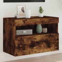 Berkfield Home TV Wall Cabinet with LED Lights Smoked Oak 60x30x40 cm in Brown - Size: 60 x 30 x 40 cm - thumbnail 1