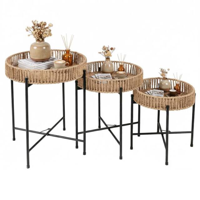 Gymax Set of 3 Round Nesting Side Tables Weaving End Tables With Metal Legs in Natural - image 1