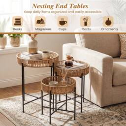 Gymax Set of 3 Round Nesting Side Tables Weaving End Tables With Metal Legs in Natural - thumbnail 4