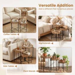 Gymax Set of 3 Round Nesting Side Tables Weaving End Tables With Metal Legs in Natural - thumbnail 2