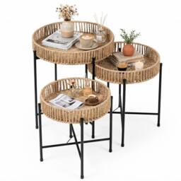 Gymax Set of 3 Round Nesting Side Tables Weaving End Tables With Metal Legs in Natural - thumbnail 9