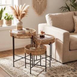 Gymax Set of 3 Round Nesting Side Tables Weaving End Tables With Metal Legs in Natural - thumbnail 8