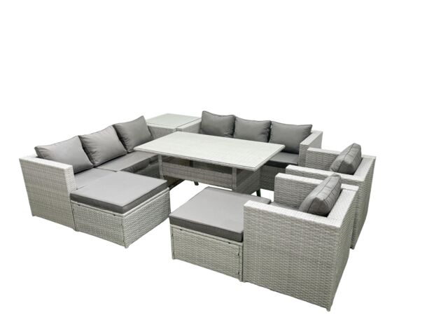 Fimous Rattan Garden Furniture Set Outdoor 8 Seater Patio Dinin g Sofa Sets with Dining Table 2 Chairs Side Table 2 Big Footstools Light Grey Mixed - image 1