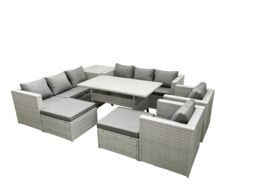 Fimous Rattan Garden Furniture Set Outdoor 8 Seater Patio Dinin g Sofa Sets with Dining Table 2 Chairs Side Table 2 Big Footstools Light Grey Mixed - thumbnail 1