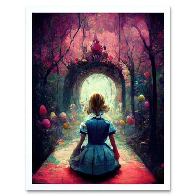 "Artery8 Wall Art Print Alice In Wonderland Through Looking Glass Enchanted Pink Forest Art Framed in White - Size: W12"" x H16""" - image 1