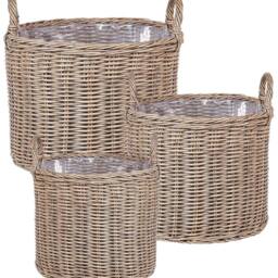 Wyld and Coco Set of 3 Brown PE Rattan Round Plant Baskets Handles and Synthetic - thumbnail 2