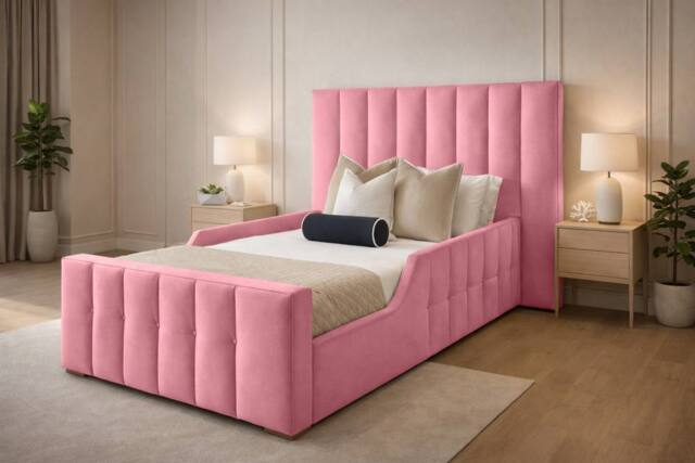 PARADISE BEDS LTD Single Wooden Upholstered Kids Bed Frame With Headboard in Light Pink - image 1