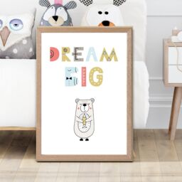 ARTZE Cute Dream Big Bear Scandi Quote Framed Print SIZE: A4 with Oak Frame in Pale Blue - thumbnail 2