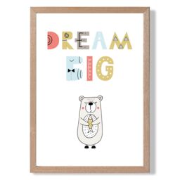 ARTZE Cute Dream Big Bear Scandi Quote Framed Print SIZE: A4 with Oak Frame in Pale Blue