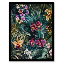 "Artery8 Exotic Orchids in Jungle Painting Wild Floral Framed Art Print in Green - Size: W12"" x H16""" - thumbnail 1