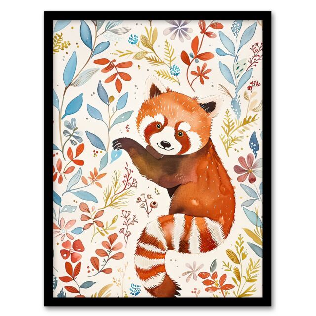 Artery8 Cute Red Panda in Botanical Pastel Colour Pattern Framed Wall Art - Size: A4 - image 1
