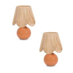 ValueLights Sebby Pair of Ceramic Globe Textured Table Lamps with Raffia Lamp Shades & Bulbs in Orange - thumbnail 2