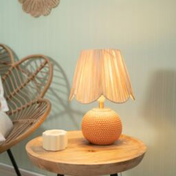 ValueLights Sebby Pair of Ceramic Globe Textured Table Lamps with Raffia Lamp Shades & Bulbs in Orange