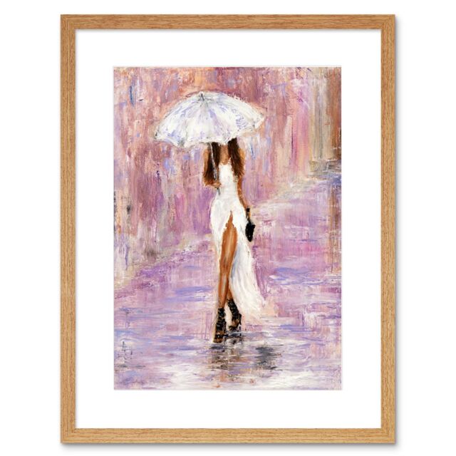 "Artery8 Wall Art Print Woman in The Rain with Umbrella Art Framed 9x7 inch in Beige - Size: W7"" x H9""" - image 1