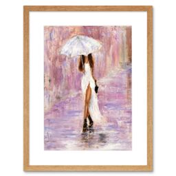 "Artery8 Wall Art Print Woman in The Rain with Umbrella Art Framed 9x7 inch in Beige - Size: W7"" x H9""" - thumbnail 1