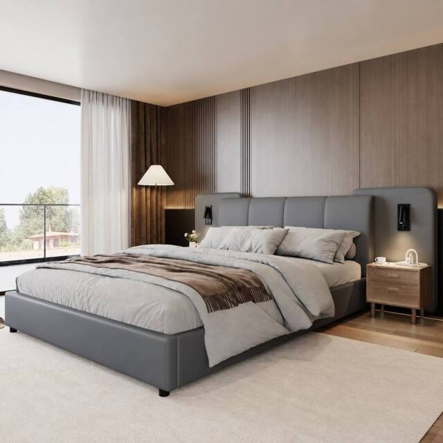 Merax 4ft6 Double PU Leather Bed with Extended Headboard & Reading Lights in Grey - image 1