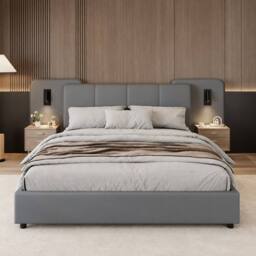 Merax 4ft6 Double PU Leather Bed with Extended Headboard & Reading Lights in Grey - thumbnail 3