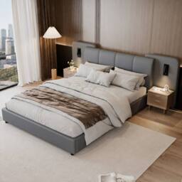 Merax 4ft6 Double PU Leather Bed with Extended Headboard & Reading Lights in Grey - thumbnail 4