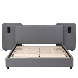 Merax 4ft6 Double PU Leather Bed with Extended Headboard & Reading Lights in Grey - thumbnail 6