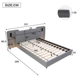Merax 4ft6 Double PU Leather Bed with Extended Headboard & Reading Lights in Grey - thumbnail 2