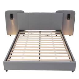 Merax 4ft6 Double PU Leather Bed with Extended Headboard & Reading Lights in Grey - thumbnail 5