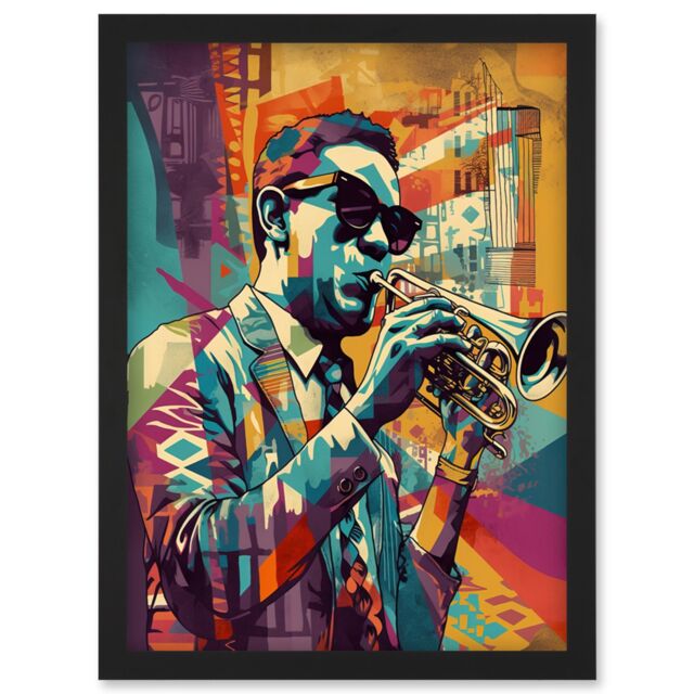 Artery8 Trumpet Player Jazz Musician with Sunglasses Modern Colour Linocut Print Artwork Framed Wall Art Print A4 in Black - image 1