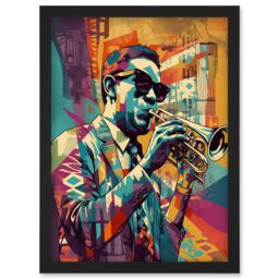 Artery8 Trumpet Player Jazz Musician with Sunglasses Modern Colour Linocut Print Artwork Framed Wall Art Print A4 in Black - thumbnail 1