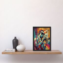 Artery8 Trumpet Player Jazz Musician with Sunglasses Modern Colour Linocut Print Artwork Framed Wall Art Print A4 in Black - thumbnail 2