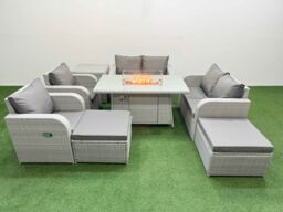 Fimous 8 Seater Outdoor Reclining Chair Love Sofa Set Rattan Garden Furniture Set with Firepit Dining Table 2 Big FootStools Side Table Light Grey - thumbnail 2