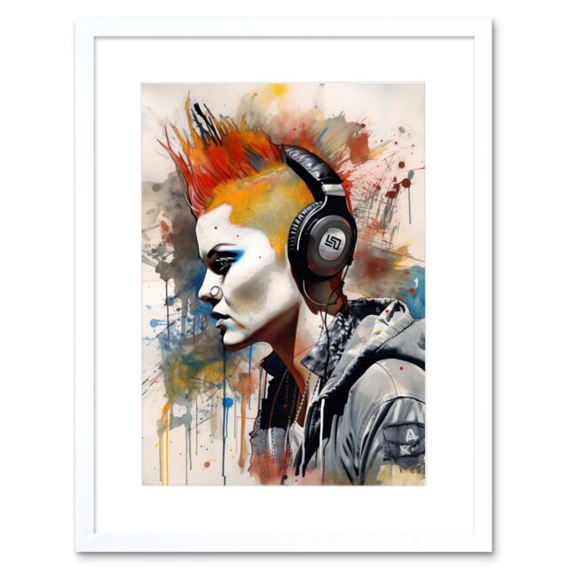Artery8 Wall Art Print Edgy Young Punk Woman with Red Mohawk & Headphones Listening to Music Modern Watercolour Painting Artwork Framed 9X7 Inch - image 1