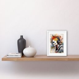 Artery8 Wall Art Print Edgy Young Punk Woman with Red Mohawk & Headphones Listening to Music Modern Watercolour Painting Artwork Framed 9X7 Inch - thumbnail 2