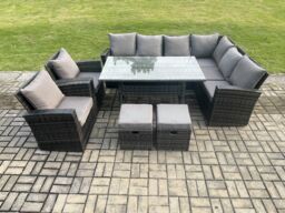 Fimous 10 Seater Garden Rattan Furniture Corner Sofa Dining Table Chairs with 2 Small Footstools Indoor Outdoor Lounge Sofa Set in Dark Grey - thumbnail 2