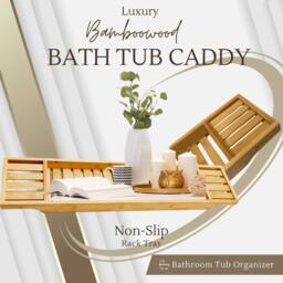 Almineez Bamboo Wood Bath Tub Caddy Rack Tray in Natural - thumbnail 4