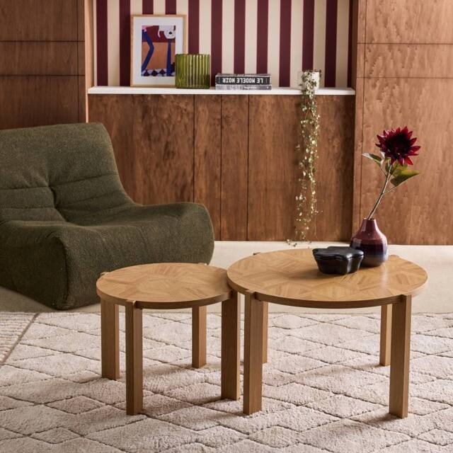 sweeek Set of 2 vintage nesting tables with round chevron effect tops in Beige - image 1