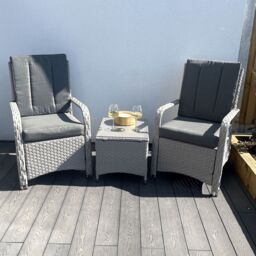 Outdoor Living Leigh Wicker Rattan Natural Bistro Set with Outdoor Cushions in Light Grey