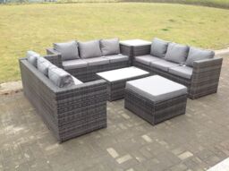Fimous Outdoor Rattan Garden Furniture Lounge Sofa Set With Oblong Coffee Table & Side Tall High Table in Dark Grey - thumbnail 4