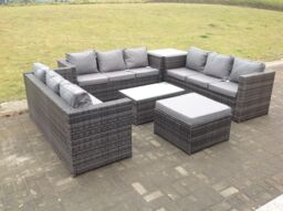 Fimous Outdoor Rattan Garden Furniture Lounge Sofa Set With Oblong Coffee Table & Side Tall High Table in Dark Grey - thumbnail 2