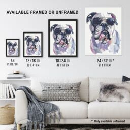 "Artery8 English Bulldog in Aviator Sunglasses Watercolour Framed Wall Art in Grey - Size: W12"" x H16""" - thumbnail 3