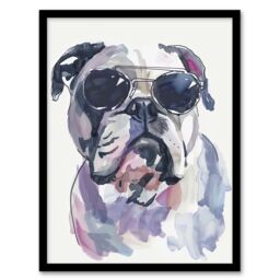 "Artery8 English Bulldog in Aviator Sunglasses Watercolour Framed Wall Art in Grey - Size: W12"" x H16""" - thumbnail 1
