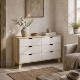 Wyld Haus Valu White & Light Wood 6 Drawer Wide Chest with Wooden Legs - thumbnail 1