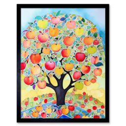 "Artery8 Wall Art Print Apple Tree Fruit Harvest Day Folk Art Bright Watercolour Painting Art Framed in Black - Size: W12"" x H16""" - thumbnail 1