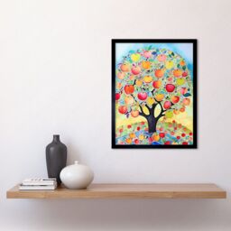 "Artery8 Wall Art Print Apple Tree Fruit Harvest Day Folk Art Bright Watercolour Painting Art Framed in Black - Size: W12"" x H16""" - thumbnail 2