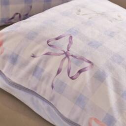 OHS 2 x Bow Gingham Matte Velvet Cushion Covers Home Decor in Blue - Size: 45 cm x 45 cm - thumbnail 3