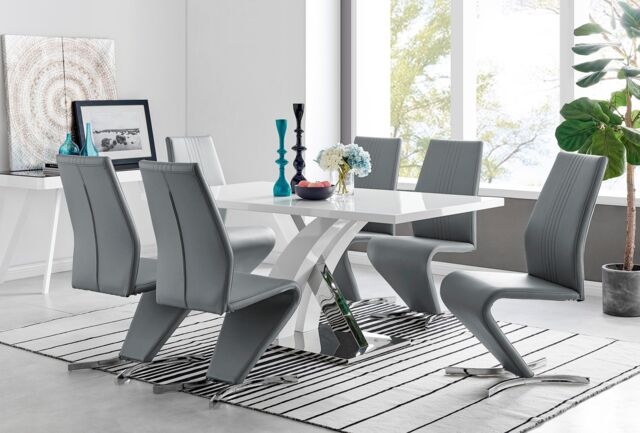 FurnitureboxUK Atlanta Modern Rectangle Chrome Metal High Gloss White Dining Table & 6 Willow Chairs Set in Grey - image 1