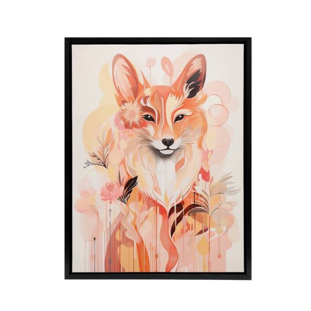 "Artery8 Kitsune Fox Spirit Animal Boho Floral Framed Canvas Wall Art Print in Orange - Size: W24"" x H32""" - image 1