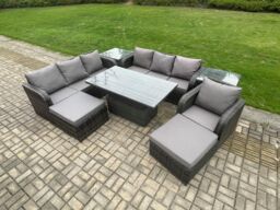 Fimous 9 Seater PE Rattan Outdoor Garden Furniture Sets Height Adjustable Rising lifting Dining Table Sofa Set with 2 Side Tables Reclining Chair - thumbnail 2