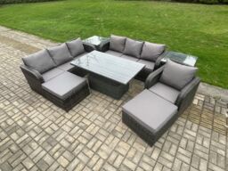 Fimous 9 Seater PE Rattan Outdoor Garden Furniture Sets Height Adjustable Rising lifting Dining Table Sofa Set with 2 Side Tables Reclining Chair - thumbnail 1