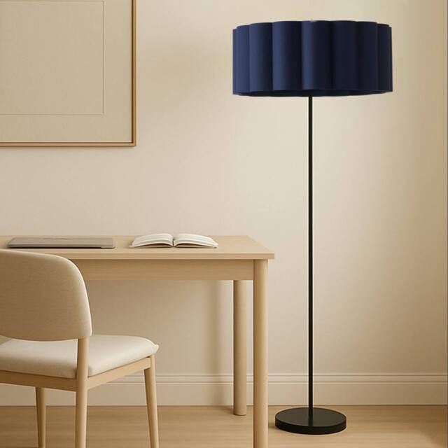 CGC Lighting Lena Matt Black Straight Floor Lamp with Large Scalloped Lampshade in Navy - image 1