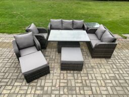 Fimous Outdoor Rattan Furniture Garden Dining Set Height Adjustable Rising lifting Table Reclining Chair Sofa With Side Table in Dark Grey - thumbnail 1